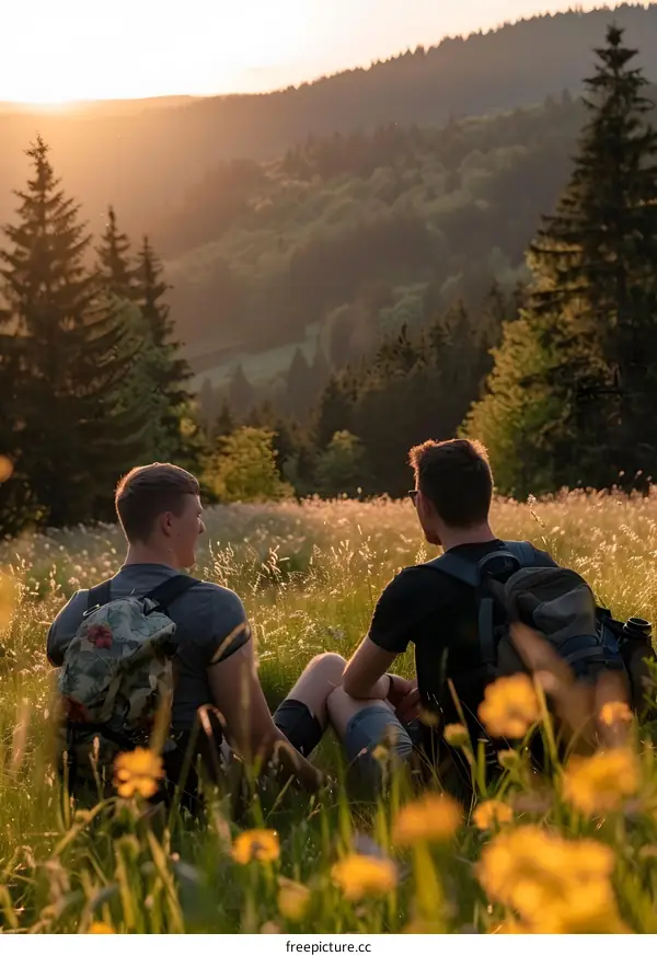 Two Men Sitting on a Hillside at Sunset