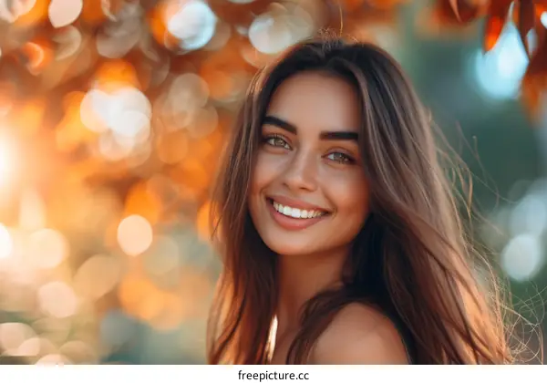Portrait of a beautiful young woman with long brown hair smiling in front of a blurry background of orange leaves
