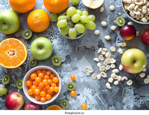 Assortment of Fruits and Cereal on Grey Background