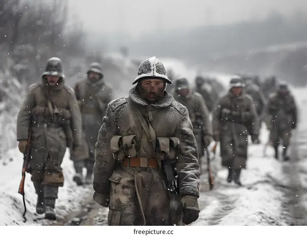 A group of soldiers walking through the snow in a war zone