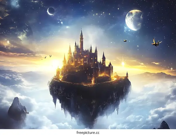 Fantasy Castle In The Clouds With Stars And Moon