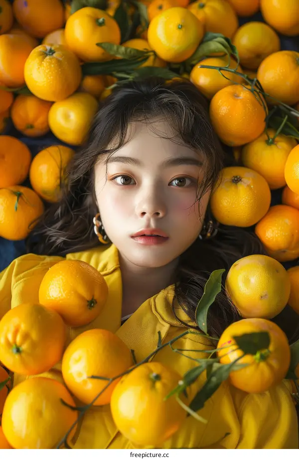 A Girl Surrounded by Fresh Oranges