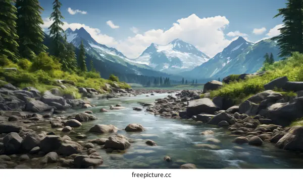 The Flowing River in the Alps Valley
