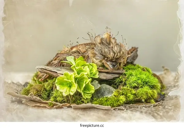 Vintage Style Photo of a Bird Nest with Green Moss