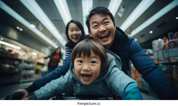 Family shopping happily in supermarket