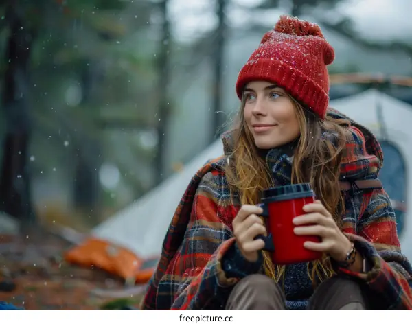 Young woman in red hat and scarf enjoying hot drink in snowy forest