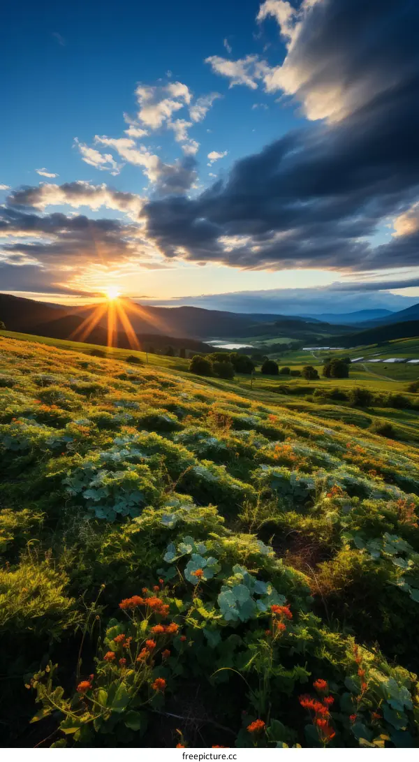 Sunset over a lush green hillside