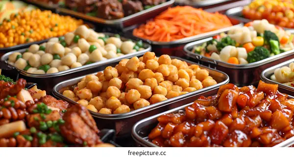 A variety of delicious food is displayed in metal containers at a buffet.