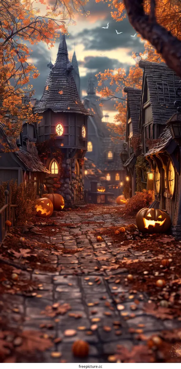 Cobblestone Streets in Fantasy Village Lit by Jack O' Lanterns
