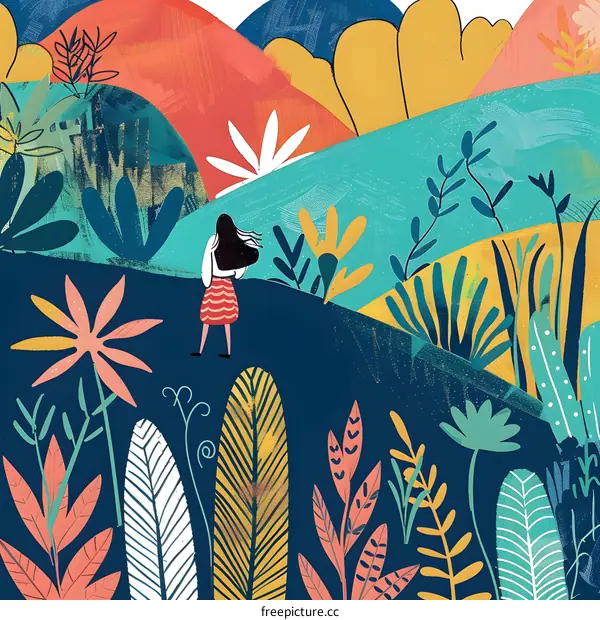 Woman Standing On Hilltop In Colorful Landscape