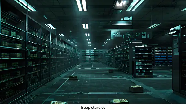 Empty Warehouse With Shelving Units And Green Tiled Floor