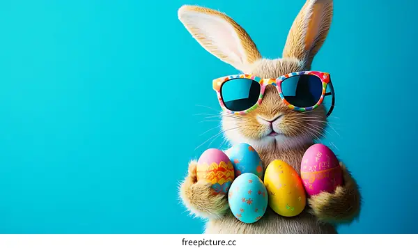 Funny Easter Bunny with Colorful Eggs