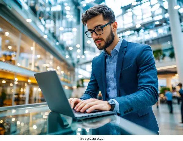 Businessman Using Laptop in Modern Office Building