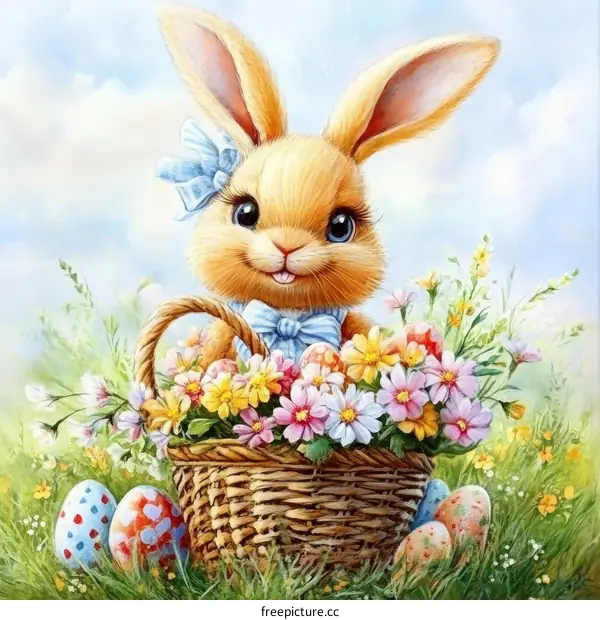 Cute Easter Bunny with Basket of Flowers and Eggs