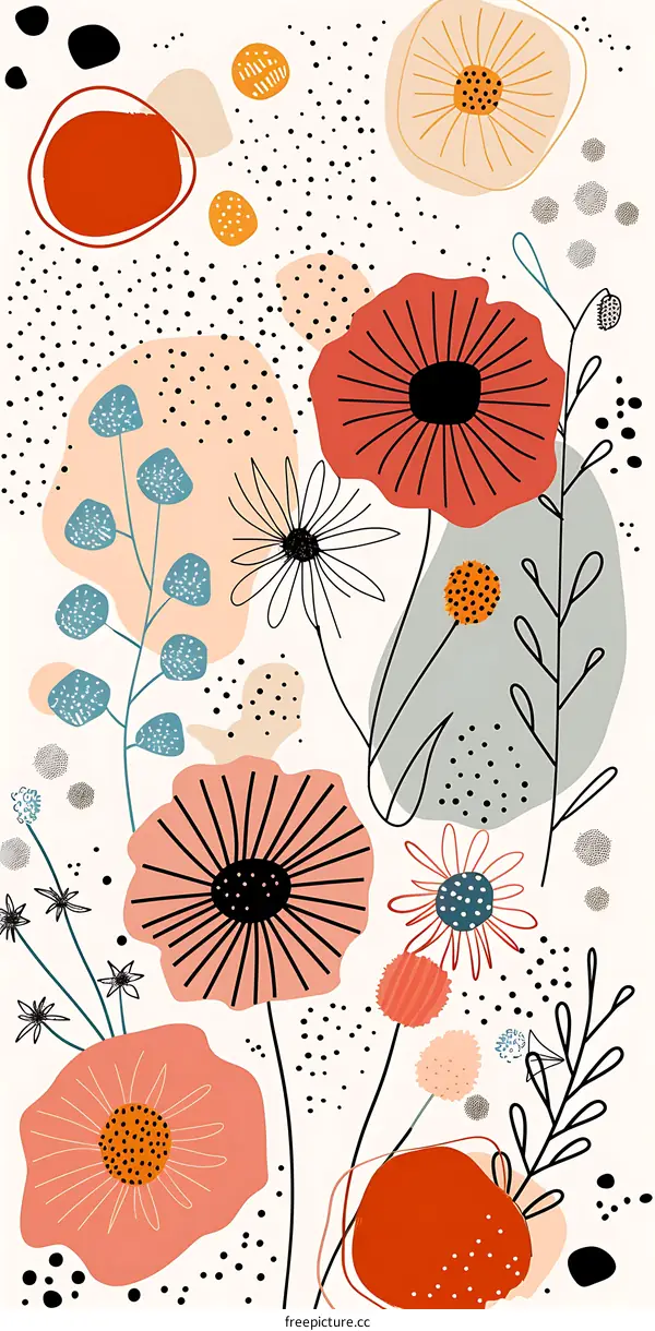 Abstract Floral Illustration with Simple Geometric Shapes and Dotted Pattern