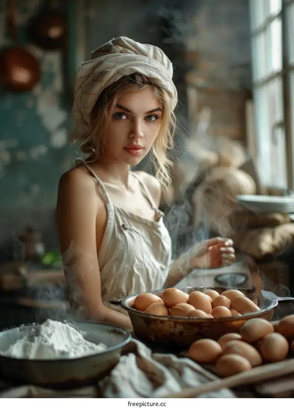 portrait of a beautiful young woman in a headscarf in the kitchen