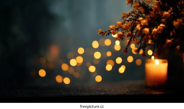 Warm Lighting Candle and Flowers Still Life