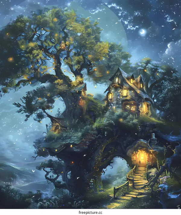 Fantasy Treehouse with Magical Lights and a Full Moon