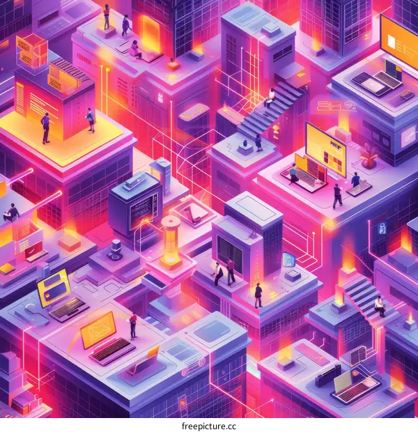 A bustling city of the future with people using computers