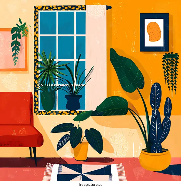 Modern Living Room with Colorful Plants and Window