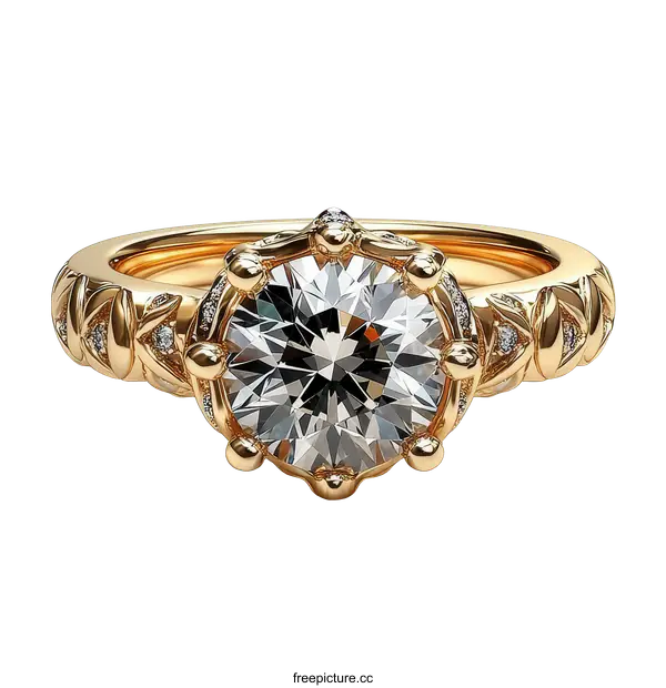 [Transparent Background PNG]Elegant Gold Engagement Ring with Round Diamond
