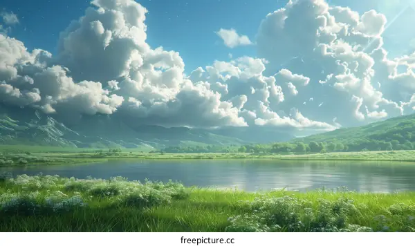 Beautiful Mountain Landscape with Calm Lake and Clouds