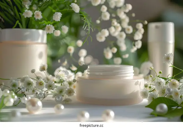 Natural skincare products with chamomile flowers