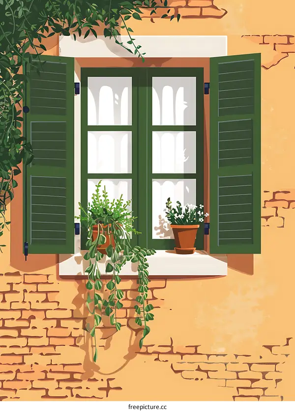 Green Window Shutters with Plants on Brick Wall