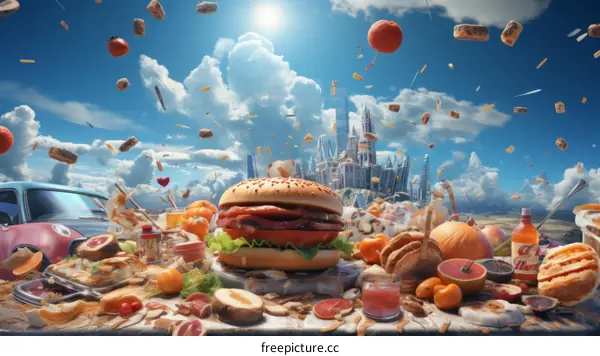 A feast of burgers and fries in a surreal landscape