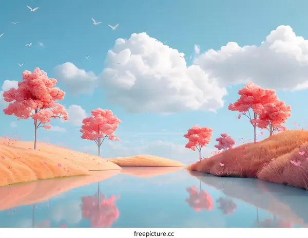 pink trees by the river