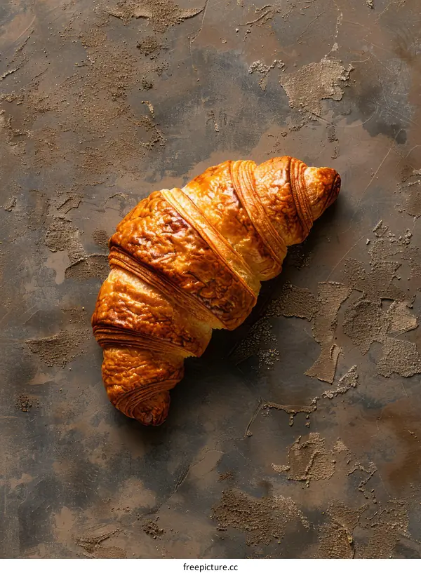 Golden, flaky croissant on brown background
