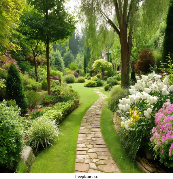 Stunningly Designed Garden Pathway with Lush Greenery and Vibrant Flowers