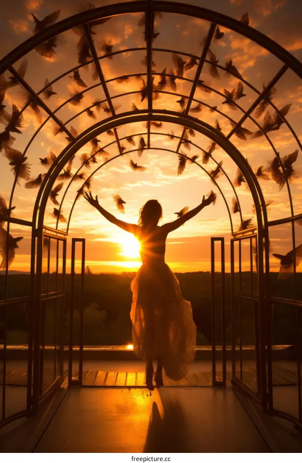 carefree woman in a beautiful golden cage