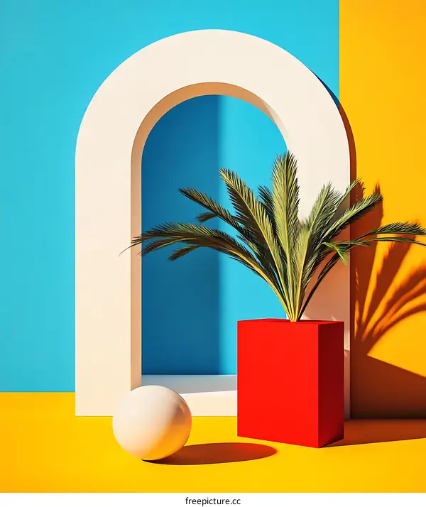 Abstract Minimalist 3D Rendering with Tropical Plant and Geometric Shapes