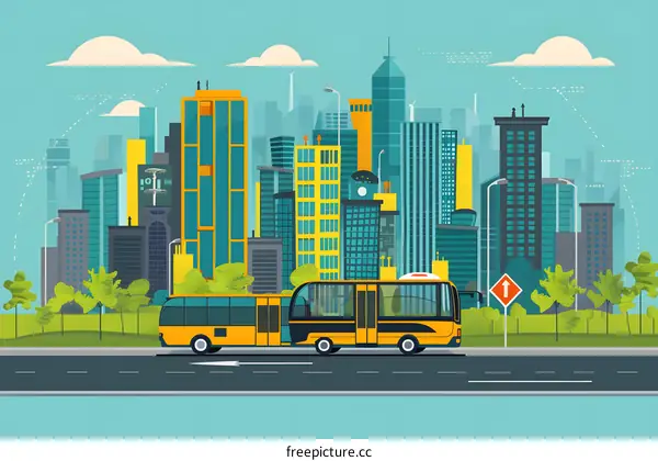 Yellow Bus Driving on City Street  Illustration