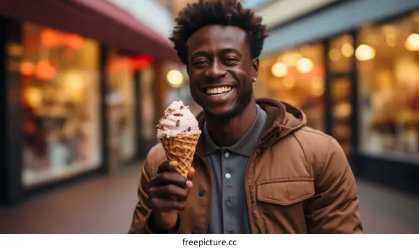 Happy African American man eating ice cream on city street