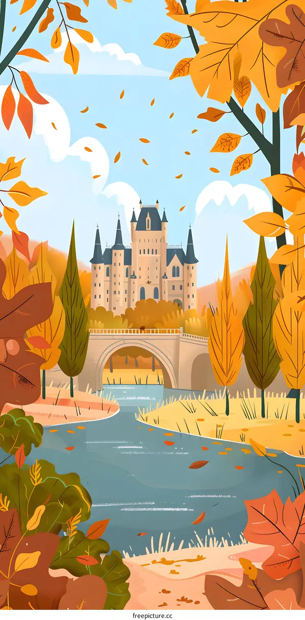 Autumn Landscape Illustration with a Castle in the Background