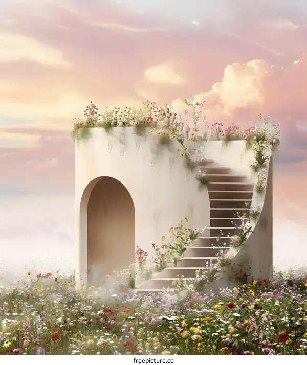 White Building with Stairs and Flowers in a Field