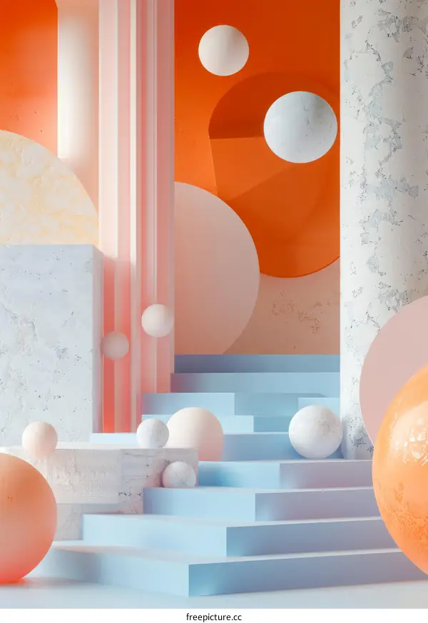 3D rendering of an abstract geometric scene with podiums and spheres in pastel colors