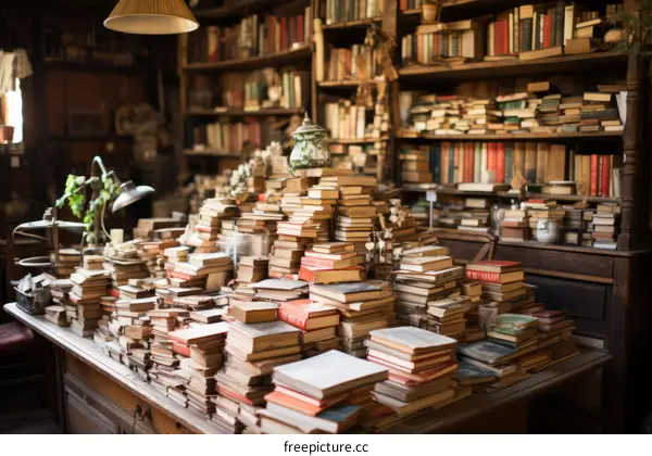 Vintage Books Stacked on Wooden Shelves in a Library