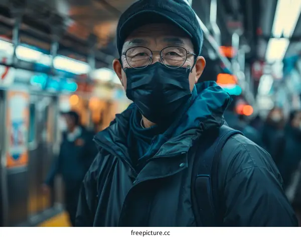 Portrait of an Asian man wearing a mask in a subway station