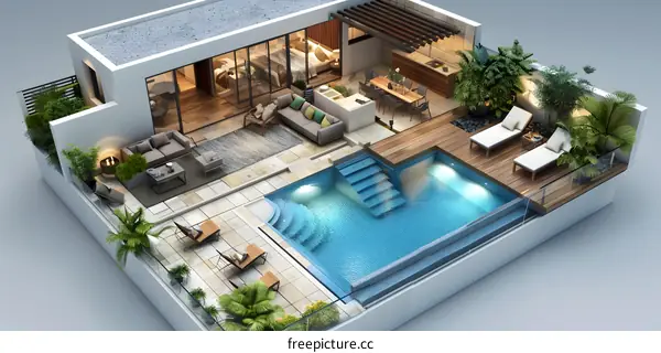 A 3D rendering of a modern luxury villa with a pool
