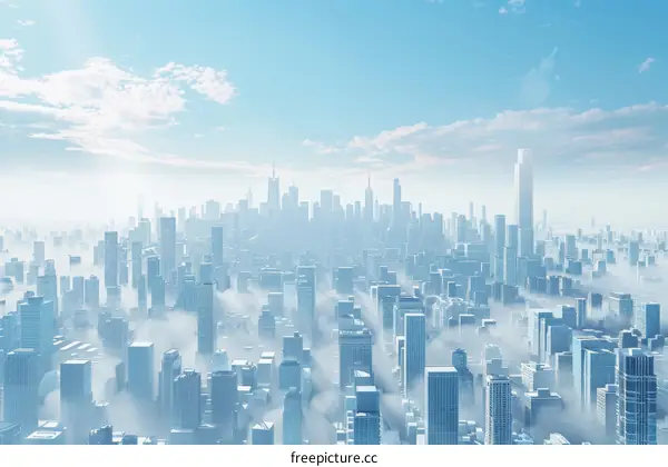 Aerial Futuristic City Skyline Above Clouds