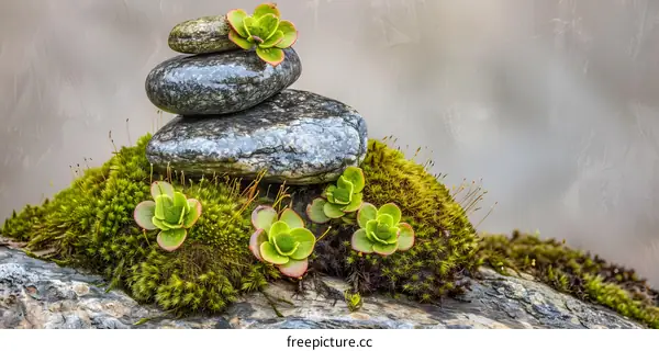 Stack of Stones with Green Plants on Mossy Rock