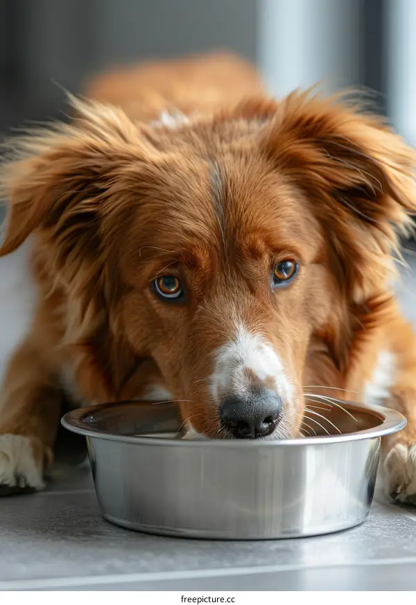 Border Collie Dog Looking at Food Bowl