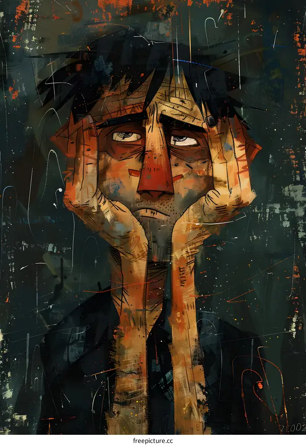 A painting of a man with his hands on his head