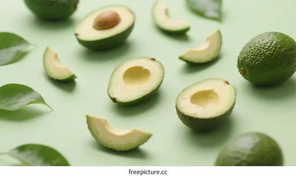 Fresh Avocados with Halves and Leaves on Light Green Background