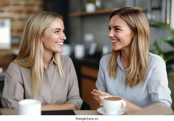 Two Caucasian Women Enjoying Coffee Conversation