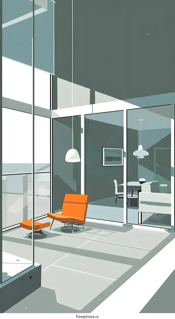 Modern Architecture Interior Design With Orange Chair and Ottoman