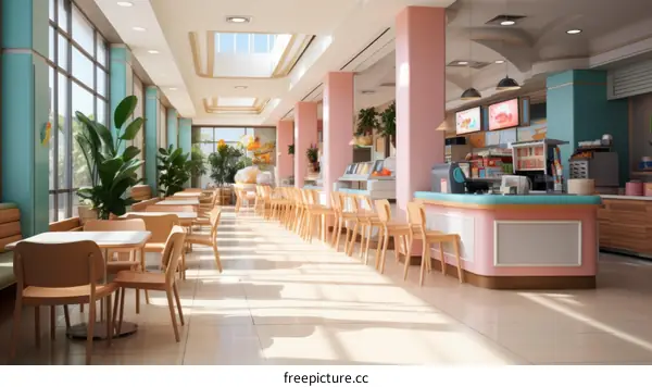 An empty retro pink and blue restaurant with large windows